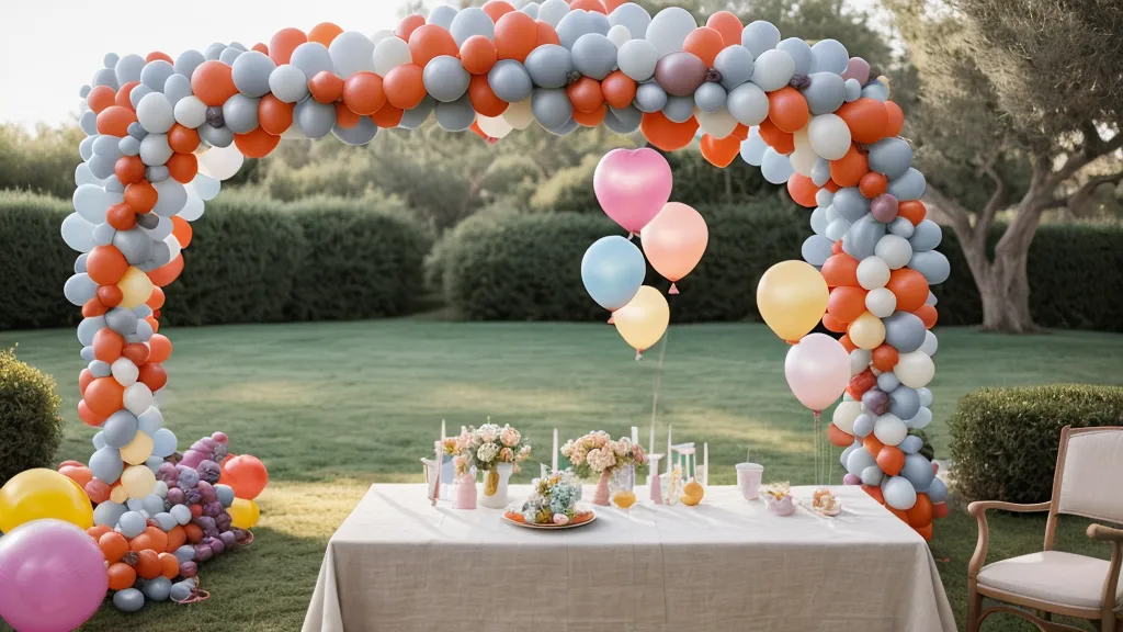 Aro de globos terminado usado como fondo decorativo en una cena de amigas