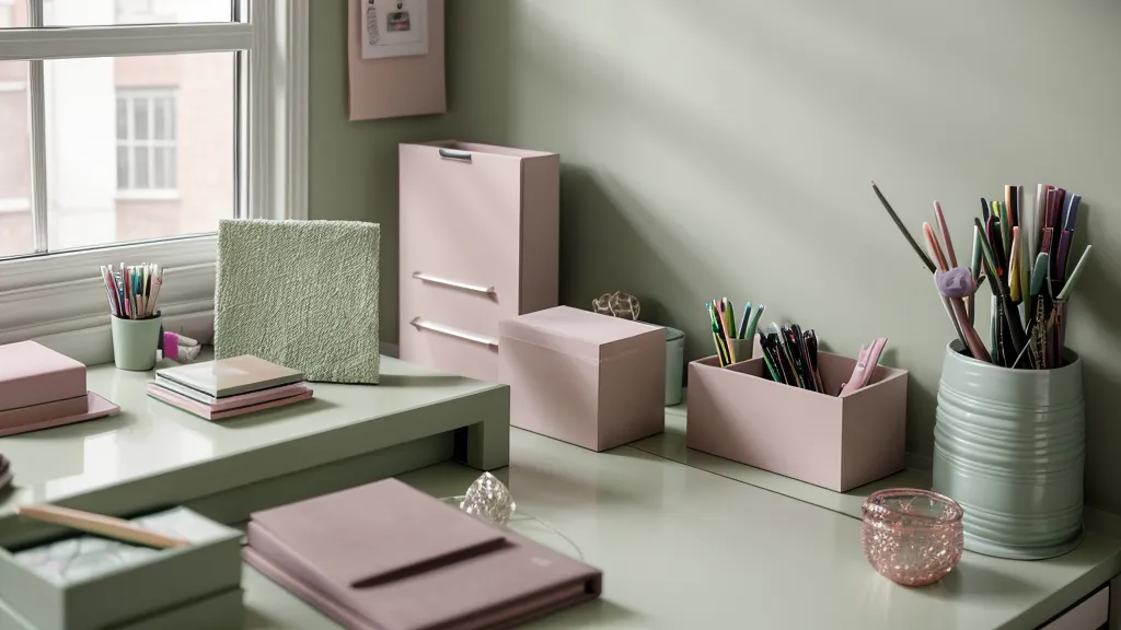 Círculo cromático y globos de colores apagados sobre una mesa de trabajo.