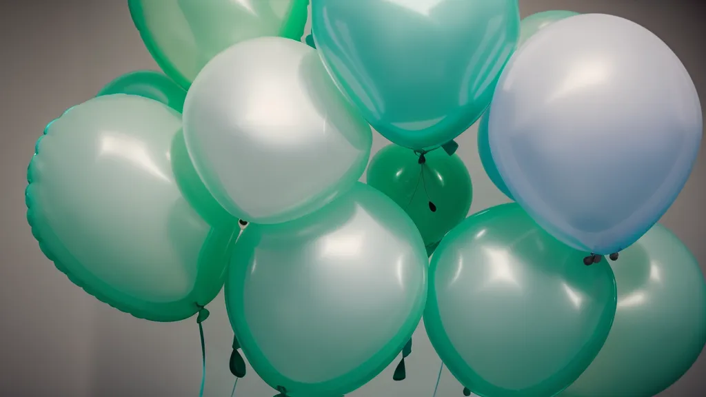 Detalle final de un montaje de globos en degradado de color verde azulado.