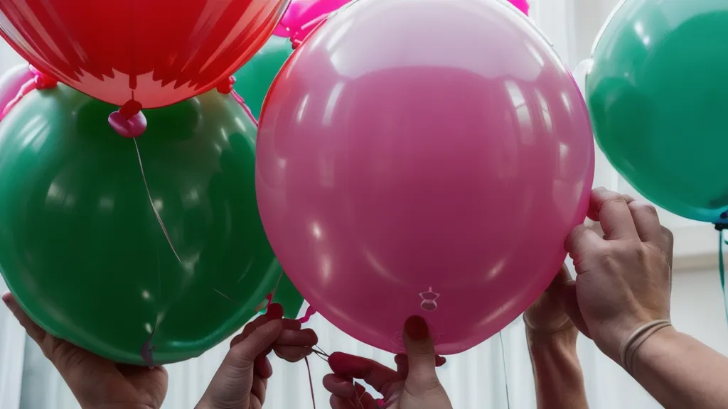 Manos formando una dupleta de globos de látex para un arco de globos DIY más denso y resistente