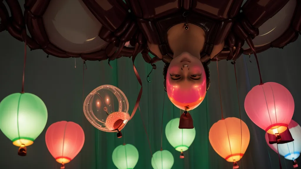 Estructura de globos LED colgados creando un efecto de lluvia de luz
