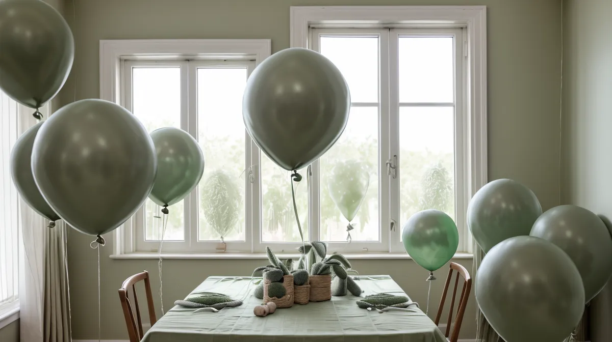 Curso de decoración con globos: guirnalda orgánica en tonos tierra recién montada sobre un mueble