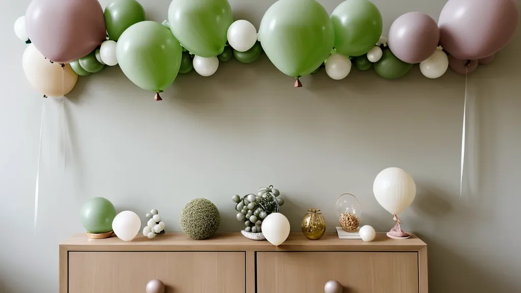 Guirnalda orgánica de globos terminada sobre un mueble blanco, resultado de aplicar la técnica de un curso de decoración con globos