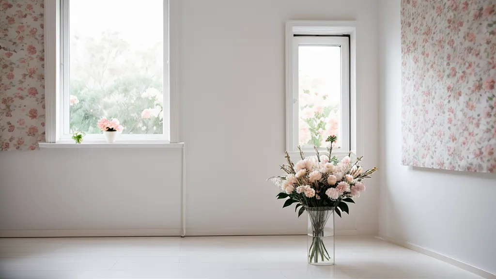 Photocall terminado con diseño minimalista y flores de papel en un salón moderno.