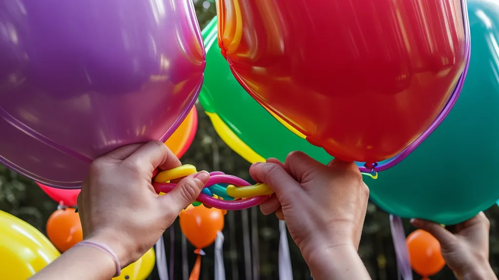 manos anudando dos globos por la boquilla para crear una pareja